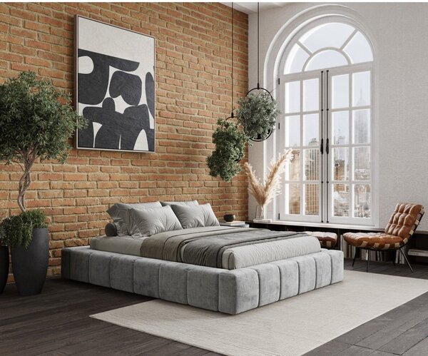 Jasnoszare tapicerowane łóżko dwuosobowe ze schowkiem i stelażem 160x200 cm Aruba L – Maison de Rêve