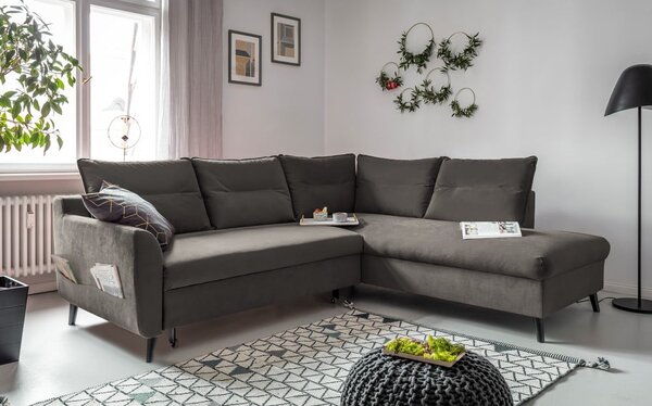 Ciemnoszary aksamitny narożnik rozkładany Miuform Stylish Stan L, prawostronny