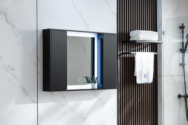 Lustro w ramie - Matowy czarny kolor - 120W x 70H - Z owietleniem LED i 4 regulowanymi pókami