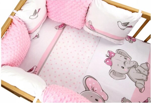 Ochraniacz Do łóżeczka Modułowy, 6 Poduszek - Słonik Różowy + Minky Różowe