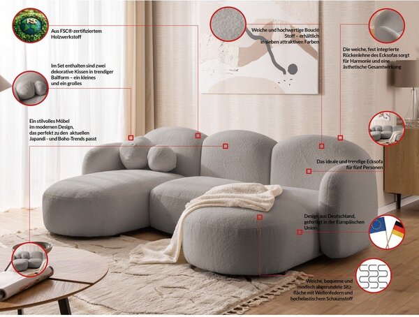 Szary narożnik z materiału bouclé (w kształcie litery U) Orbit – Ropez