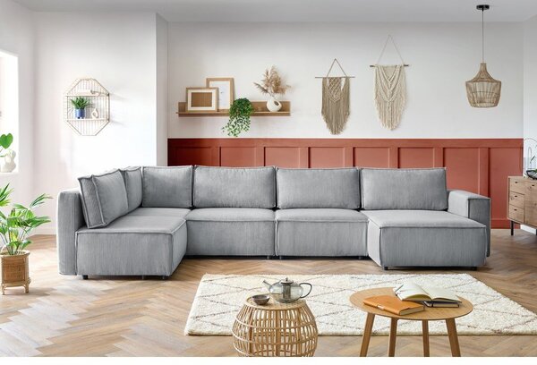 Jasnoszary sztruksowy narożnik (lewostronny/w kształcie litery U) Nihad modular – Bobochic Paris