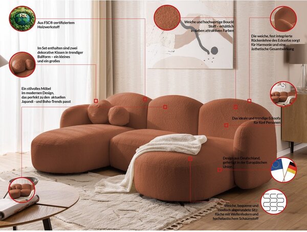 Narożnik z materiału bouclé (w kształcie litery U) w kolorze terakoty Orbit – Ropez