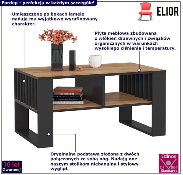 Prostokątny stolik kawowy z lamelami czarny + dąb craft L3-F33