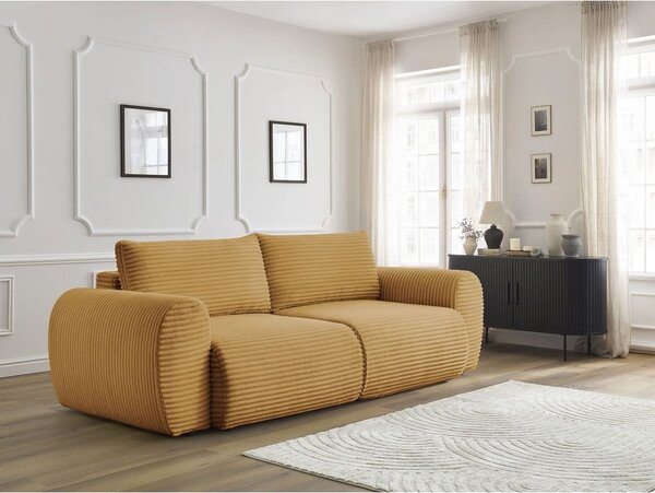 Musztardowa sztruksowa rozkładana sofa 257 cm Lucien – Bobochic Paris