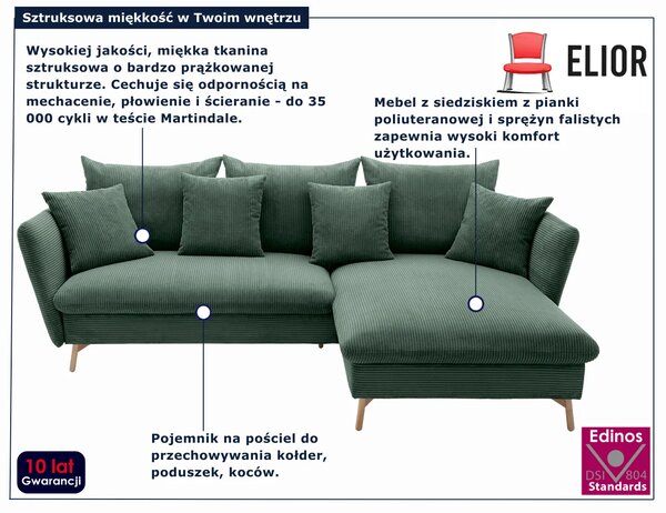 Zielony narożnik sztruksowy z funkcją spania Z0-E44