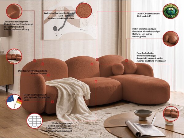 Narożnik z materiału bouclé (prawostronny/z szezlongiem) w kolorze terakoty Orbit – Ropez