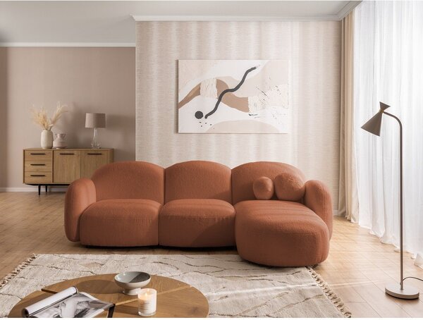 Narożnik z materiału bouclé (prawostronny/z szezlongiem) w kolorze terakoty Orbit – Ropez