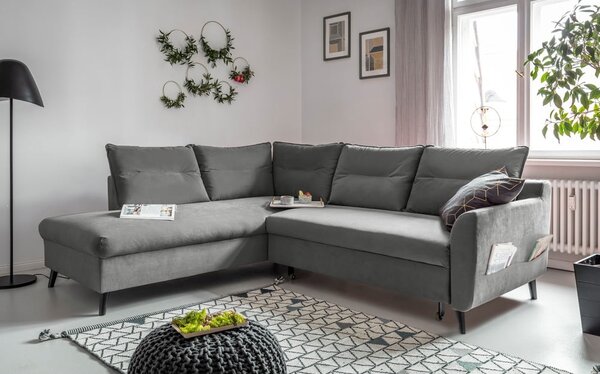 Jasnoszary aksamitny narożnik rozkładany Miuform Stylish Stan L, lewostronny