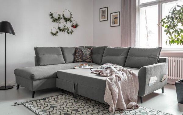 Jasnoszary aksamitny narożnik rozkładany Miuform Stylish Stan L, lewostronny