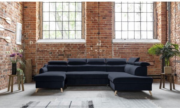 Ciemnoniebieski aksamitny rozkładany narożnik (prawostronny/w kształcie litery U) Sweet Harmony – Miuform