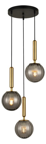 RAVENA lampa wisząca czarna z mosiądzem klosze ryflowane dymione 3xE27 PND-2324-3A BRO+SG