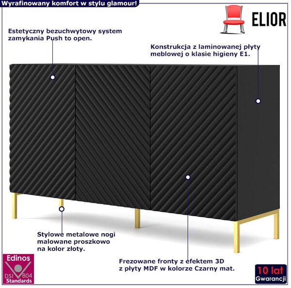 Komoda glamour 150 cm czarny mat + złote nóżki F0-A72