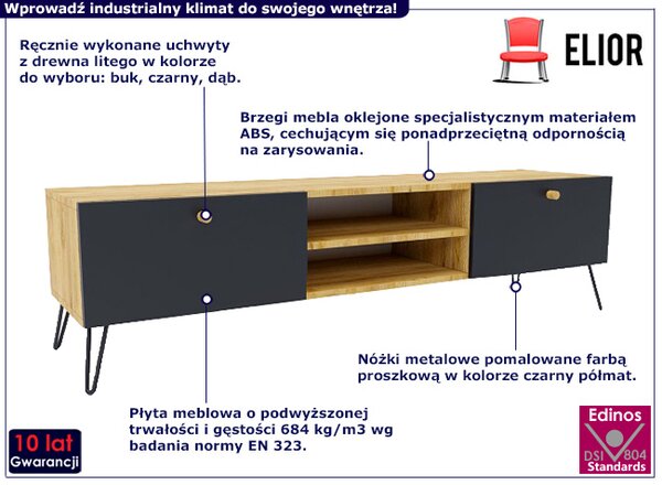 Industrialna szafka RTV na nóżkach dąb craft + czarny B6-N77