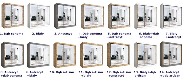 Szafa przesuwna z lustrem dąb sonoma + antracyt 200 cm D6-D82