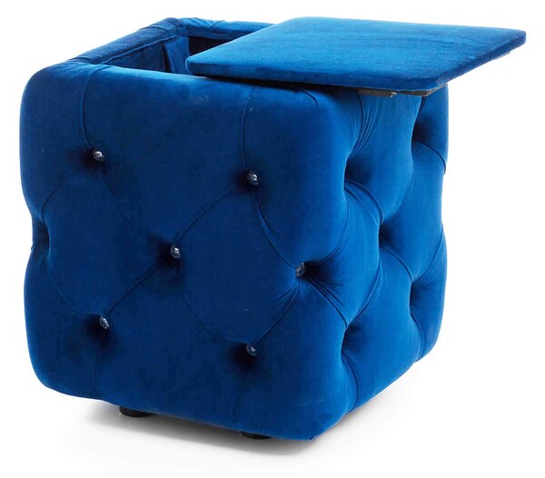 Pufa kwadratowa, szafka nocna tapicerowana otwierana, niebieski welur z kryształkami 39x39x45cm