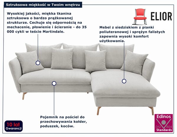 Waniliowy narożnik sztruksowy z funkcją spania D1-R94