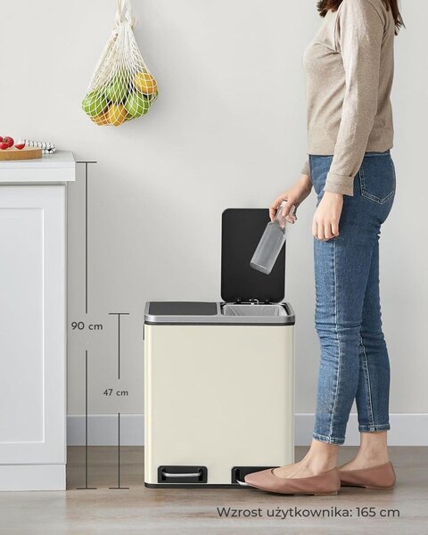 Kosz do segregacji odpadów SORT 30l (2×15l), beżowy/srebrny/czarny SongmicsHome
