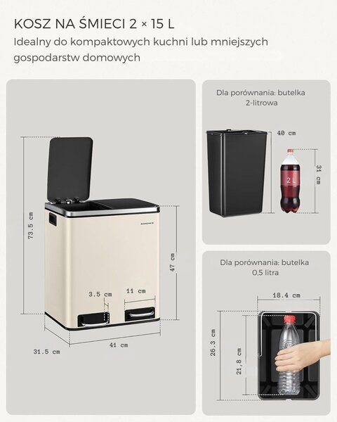 Kosz do segregacji odpadów SORT 30l (2×15l), beżowy/srebrny/czarny SongmicsHome