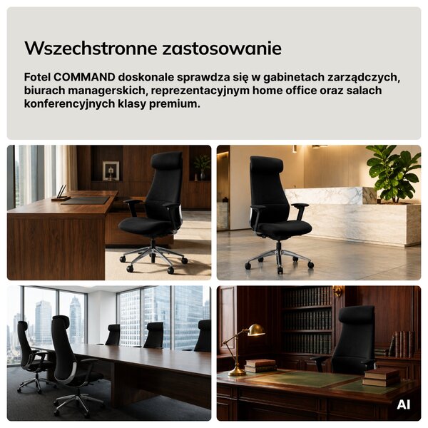 Fotel biurowy tapicerowany prezesa czarny: COMMAND