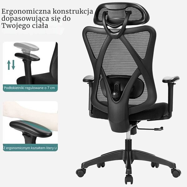 Krzesło biurowe z zagłówkiem MAGNUS, maks. 150 kg, czarne SongmicsHome