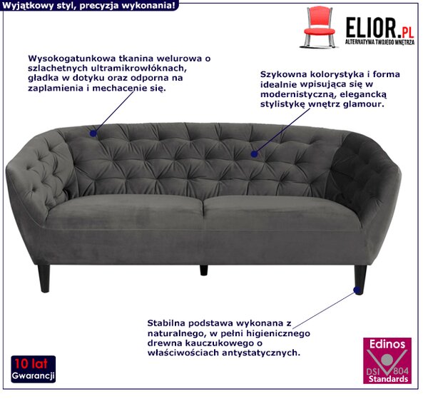Szara sofa welurowa - Galax 3X