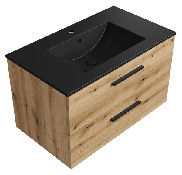 Szafka łazienkowa dąb 80 cm z czarną umywalką Sink Quality Gaia 80