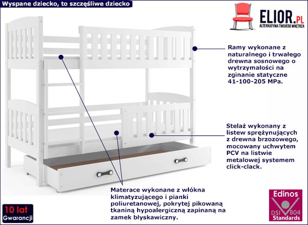 Białe piętrowe wspólne łóżko dla rodzeństwa z szufladą 90x200 M5-W65