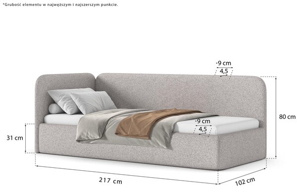 Łóżko Bao 90x200, tkanina LOOP 07, stelaż metalowy, strona lewa, otwierany bocznie