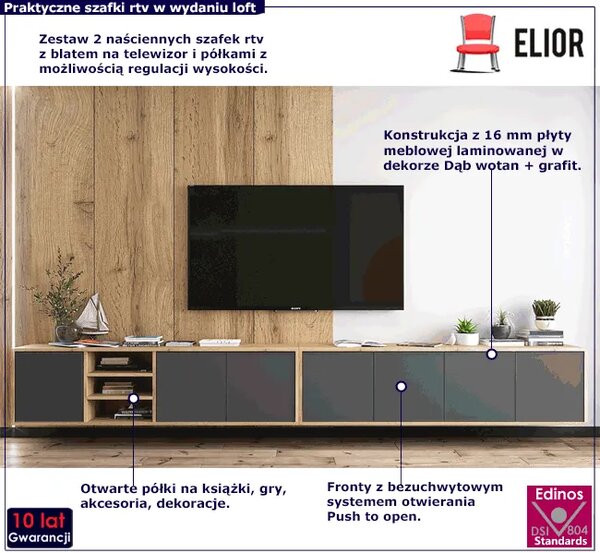 Komplet wiszących szafek rtv dąb wotan + grafit H5-D56