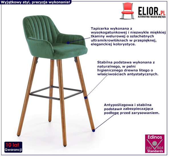 Zielony barowy hoker welurowy z oparciem F9-B84