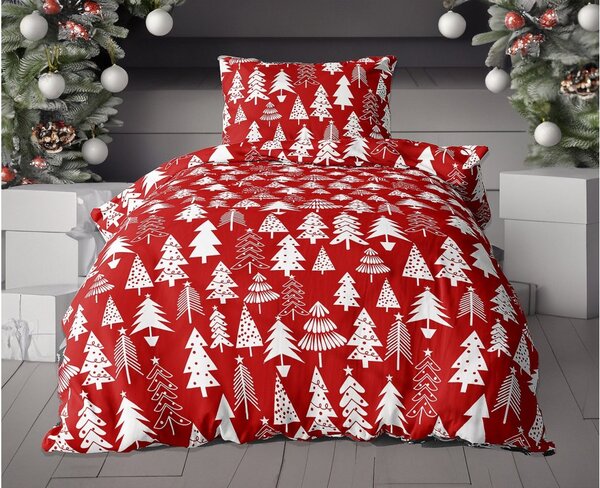 Pościel flanelowa CHRISTMAS TREES czerwona + prześcieradło z mikropluszu SOFT 90x200 cm ciemnoszare