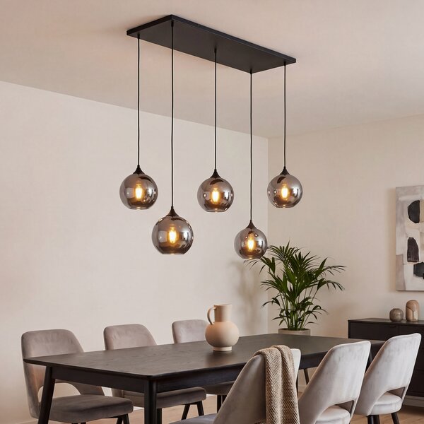 Lampa wisząca Art Deco czarna z przydymionym szkłem 5-źródłowa - Wallace