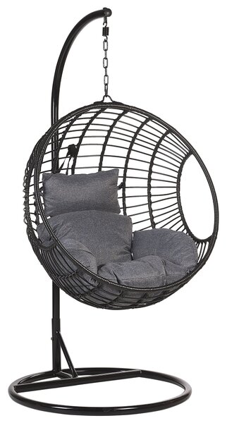 Fotel wiszący czarny pleciony technorattan okrągły metalowy stojak Aspio Beliani