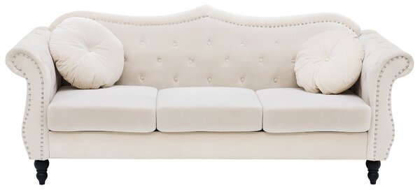 Trzyosobowa sofa welurowa pikowana beżowa z okrągłymi poduszkami Skien Beliani