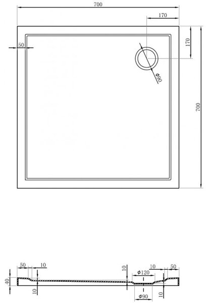 Mexen Flow brodzik kwadratowy slim 70 x 70 cm, biały połysk - 46S107070