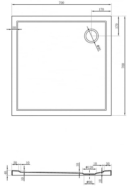 Mexen Flow brodzik kwadratowy slim 70 x 70 cm, czarny mat - 46S707070