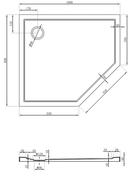 Mexen Flow brodzik pięciokątny slim lewy 100 x 80 cm, czarny mat - 46P708010L
