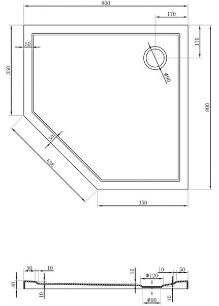 Mexen Flow brodzik pięciokątny slim 80 x 80 cm, biały połysk - 46P108080