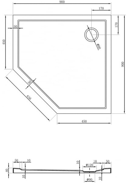 Mexen Flow brodzik pięciokątny slim 90 x 90 cm, czarny mat - 46P709090