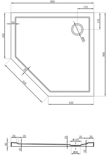 Mexen Flow brodzik pięciokątny slim 90 x 90 cm, biały połysk - 46P109090