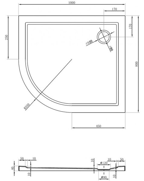 Mexen Flow brodzik półokrągły asymetryczny slim prawy 100 x 80 cm, biały połysk - 46Q108010R