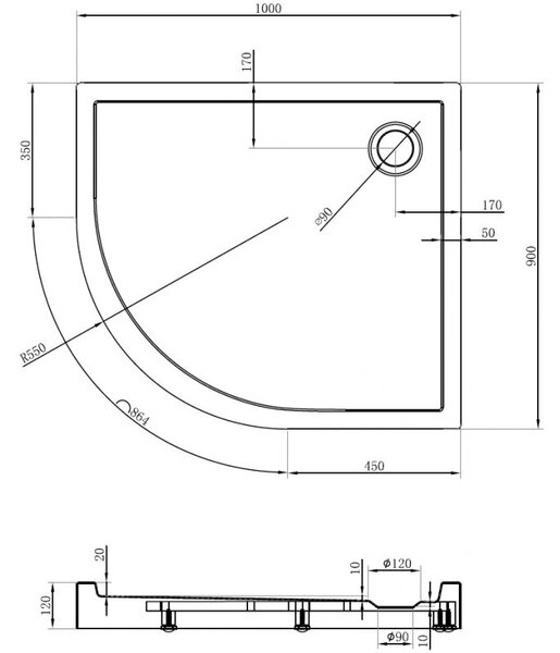 Mexen Flow+ brodzik półokrągły asymetryczny prawy 100 x 90 cm, biały połysk - 46Q109010RH