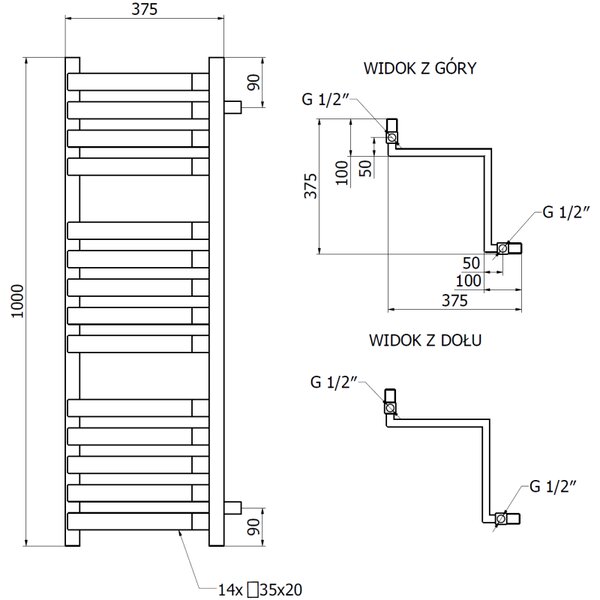 Mexen Loop grzejnik łazienkowy narożny 1000 x 375 mm, 572 W, biały - W129-1000-350-00-20