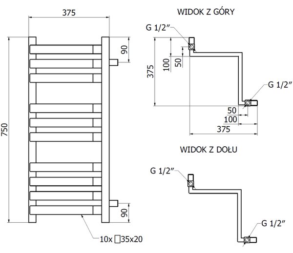 Mexen Loop grzejnik łazienkowy narożny 750 x 375 mm, 413 W, czarny - W129-0750-350-00-70