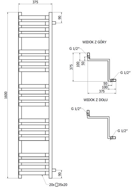 Mexen Loop grzejnik łazienkowy narożny 1600 x 375 mm, 837 W, czarny - W129-1600-350-00-70