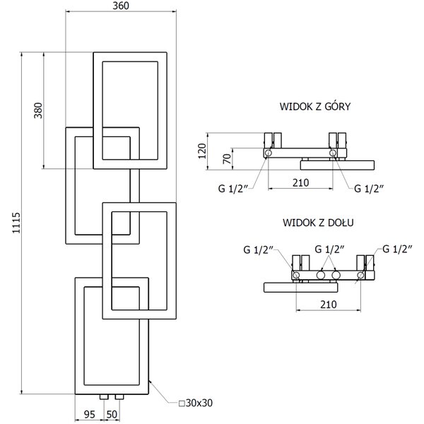 Mexen Grid grzejnik łazienkowy dekoracyjny 1115 x 360 mm, 279 W, czarny - W215-1115-360-00-70