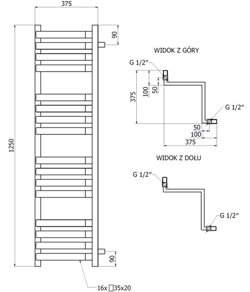 Mexen Loop grzejnik łazienkowy narożny 1250 x 375 mm, 666 W, czarny - W129-1250-350-00-70