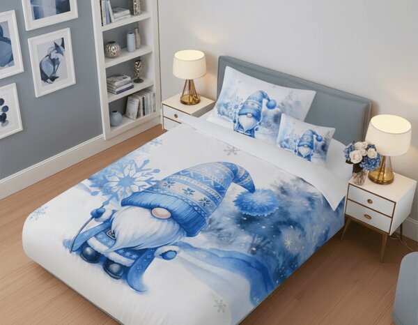 Pościel z mikrosatyny BLUE GNOME biała + poszewka na poduszkę 45 x 45 cm gratis Rozmiar pościeli: 70 x 90 cm | 140 x 200 cm