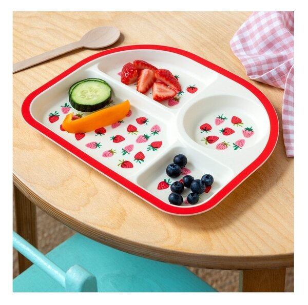 Czerwony/beżowy plastikowy talerz dla dzieci 21x27 cm Little Strawberry – Rex London